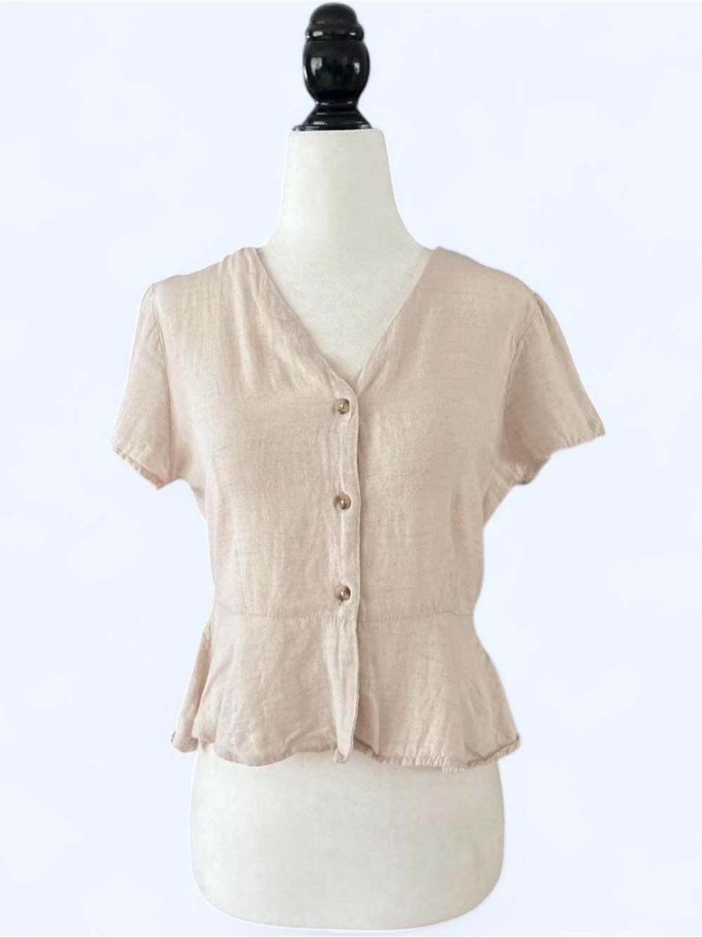 Cream Linen Blend Peplum Button-Up Top Coastal Minimalist Size M